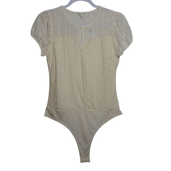 No Comment Cream Lace Bodysuit Short Sleeve Cottage Fairy Boho Size L - Picture 1 of 9